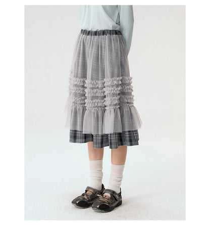 [CAN] "Gray Plaid Reverie" Gray Purple Plaid Mesh Layered Midi Skirt