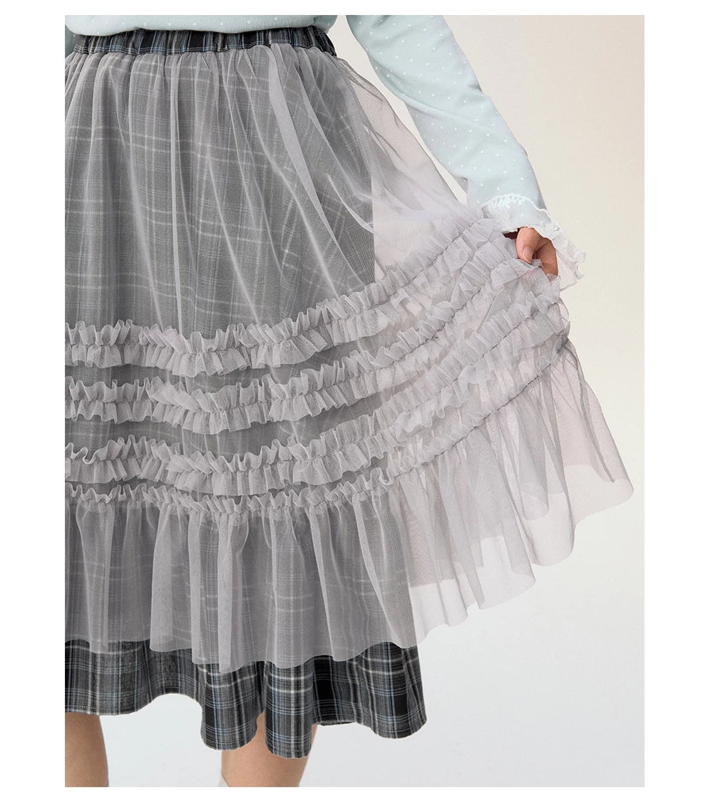 [CAN] "Gray Plaid Reverie" Gray Purple Plaid Mesh Layered Midi Skirt