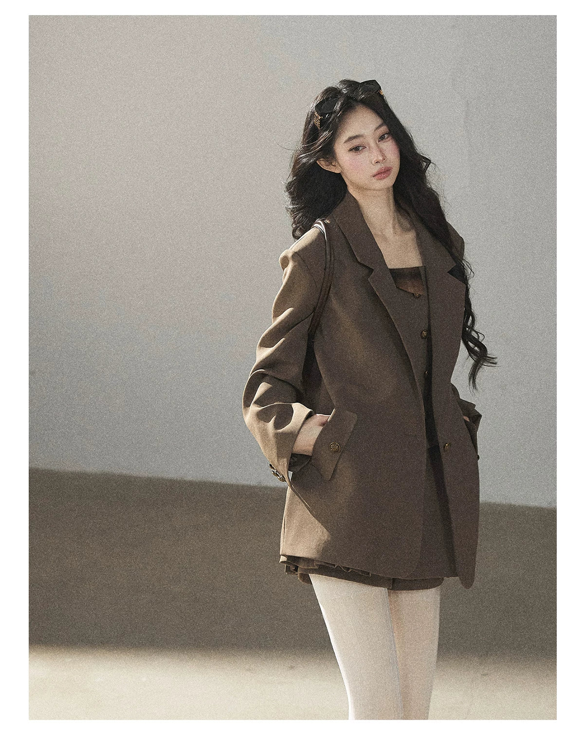 AOMALM - “Evening Breeze in the Valley” Chestnut Brown Blazer, Cami & Pleated Skort Set