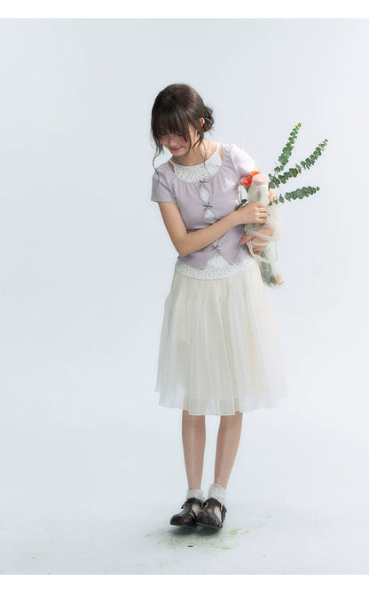 Korean Layered Bow Knit Short Sleeve T-Shirt in Violet