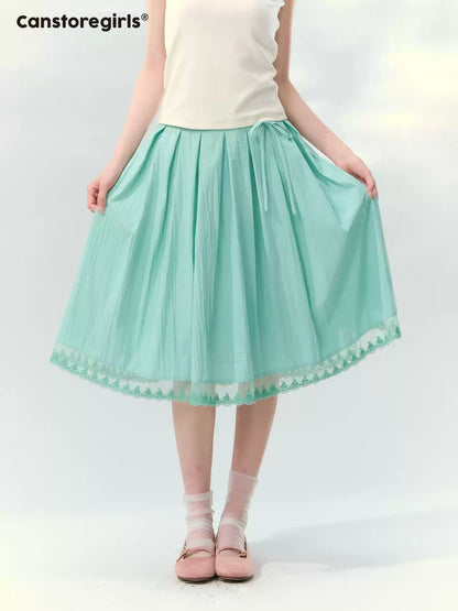 “Mint Waltz” Mint Green Lace Trim Pleated Midi Skirt