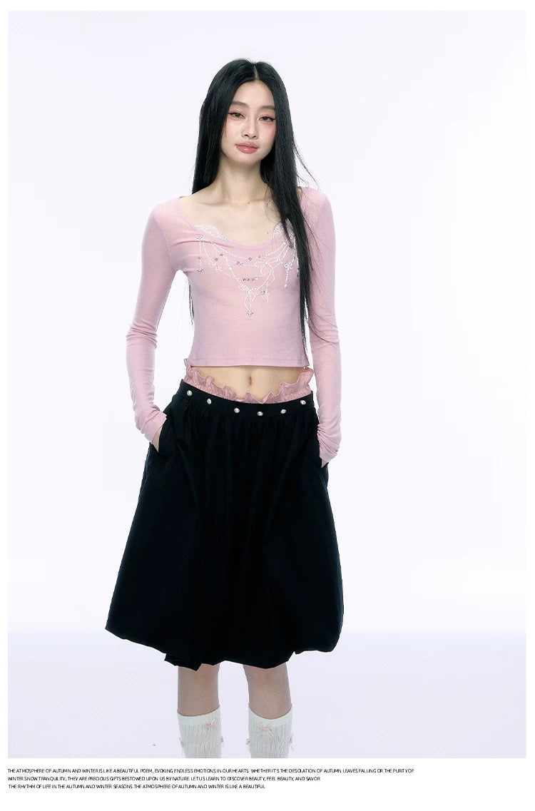 JN's DESIGN - Black Bubble Hem Skirt with Pearl Button Detail