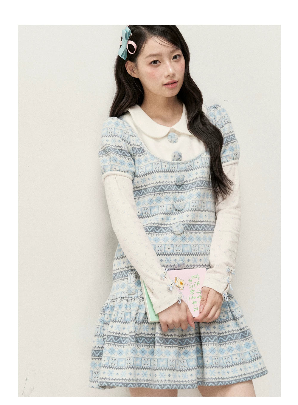 [RF] Vintage Geometric Jacquard Peter Pan Collar Knit Dress with Ruffle Hem
