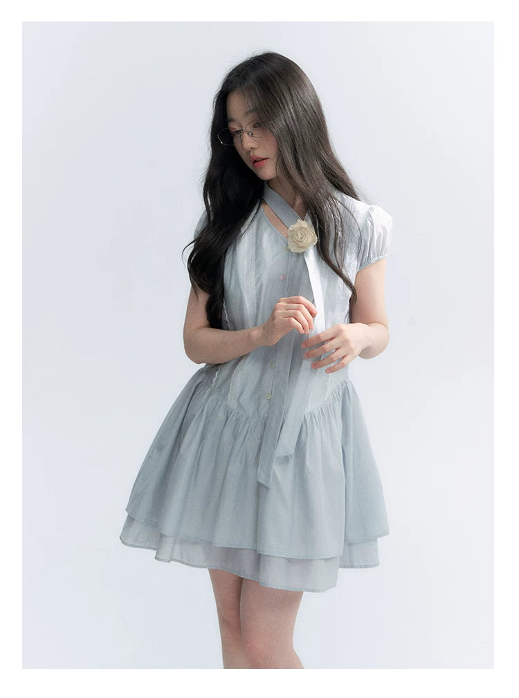 "Cedar Salt" Cool Moon Blue Lace Trim Puff Sleeve Dress