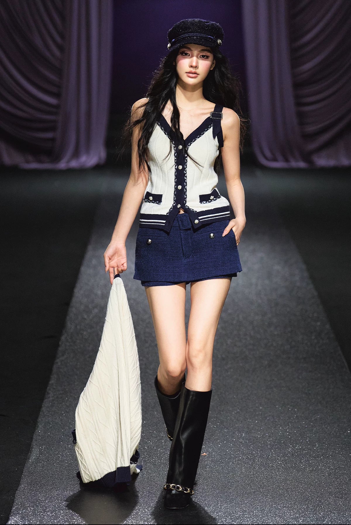 Contrast Knit Cardigan, V-Neck Tank & A-Line Skort Three-Piece Set