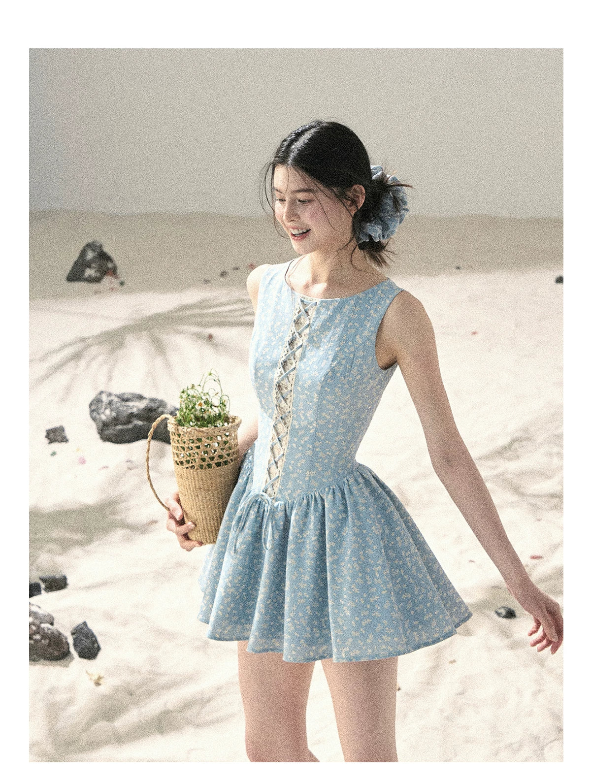 "Sage Summer" Haze Blue Lace Floral Puff Mini Dress