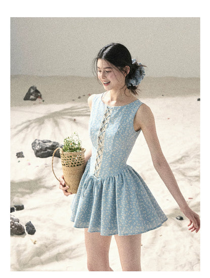 "Sage Summer" Haze Blue Lace Floral Puff Mini Dress