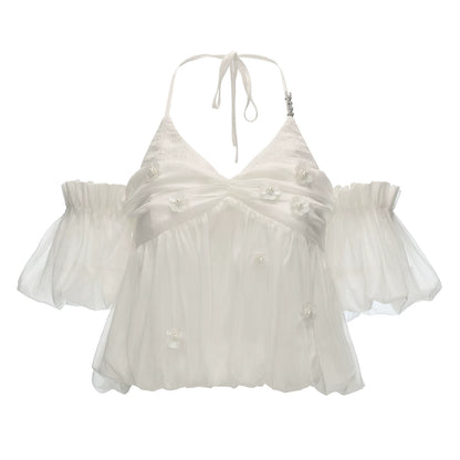 "Ethereal Blossom Veil" Puff Sleeve Layered Camisole Top – White WE925