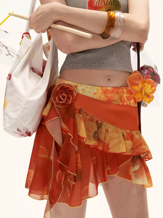 "Sunset Orange Bloom" Asymmetric Layered Mini Skirt WE942