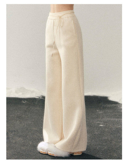 少也眼 "She Drifts Like a Cloud" Korean Minimal Knit Wide-Leg Pants - Milky Almond White