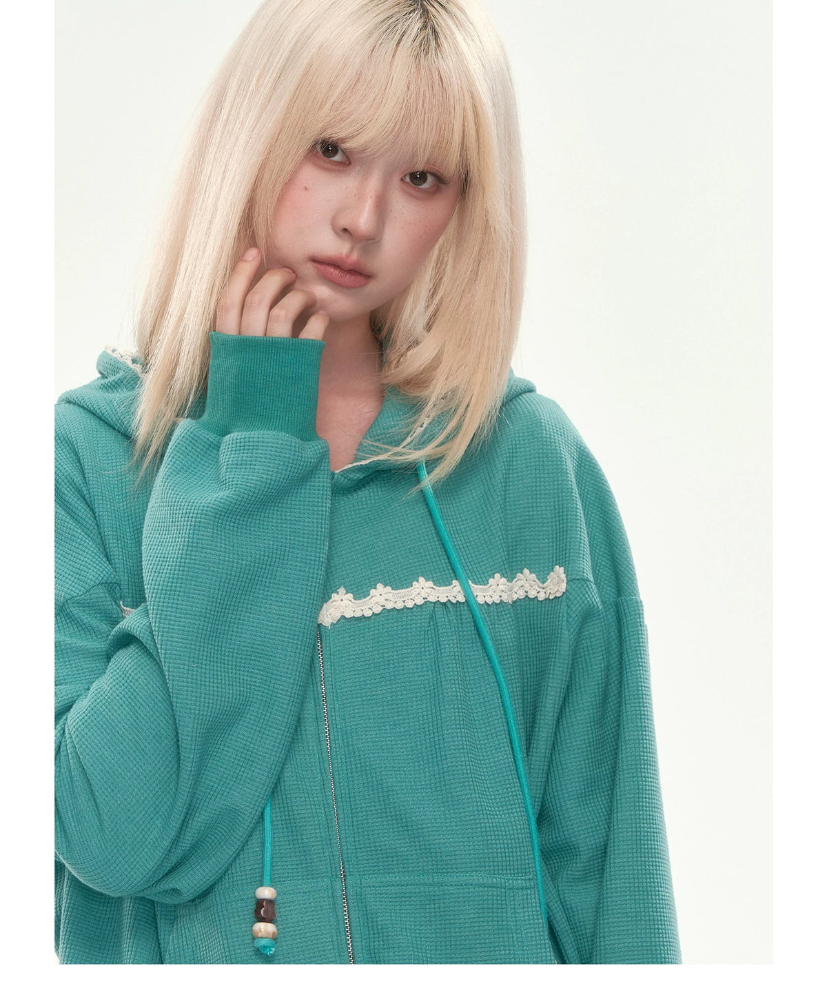 [CAN] Green Lace-Trim Waffle Knit Zip-Up Hoodie