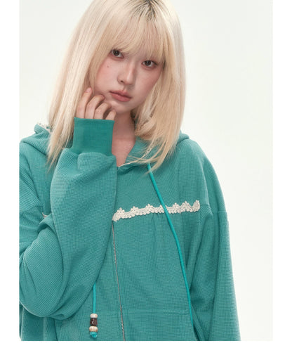 [CAN] Green Lace-Trim Waffle Knit Zip-Up Hoodie