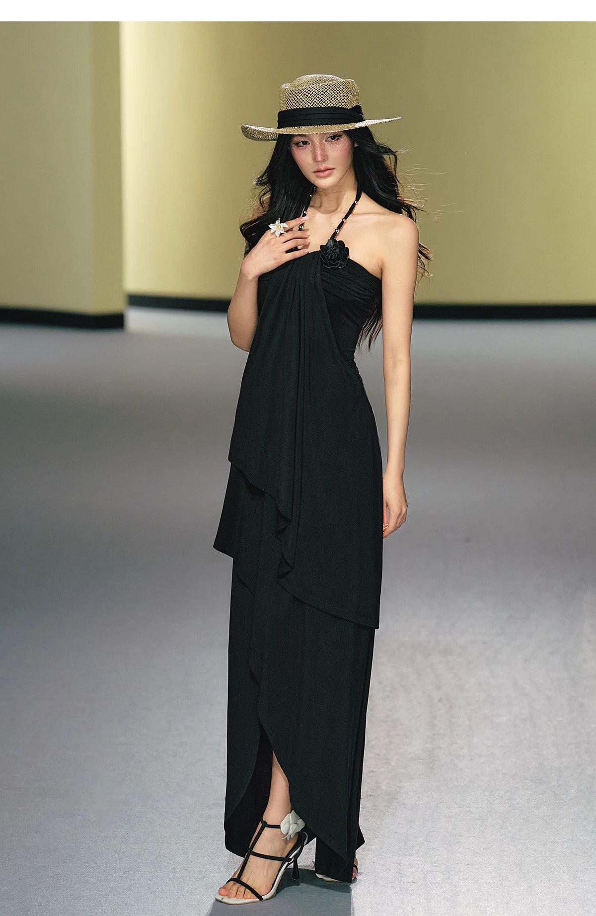 "Moonlit Reverie" Halter Layered Maxi Dress (Black/ Blush Pink)