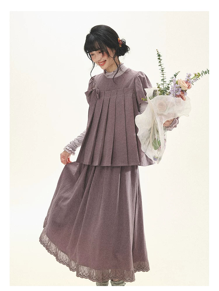 "Whispers Between Pleats" Gray Grape Purple Pleated Top & Maxi Skirt Set