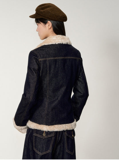 Soote Season - "Raw Denim Muse" Cinched Waist Fur-Trim Denim Down Jacket