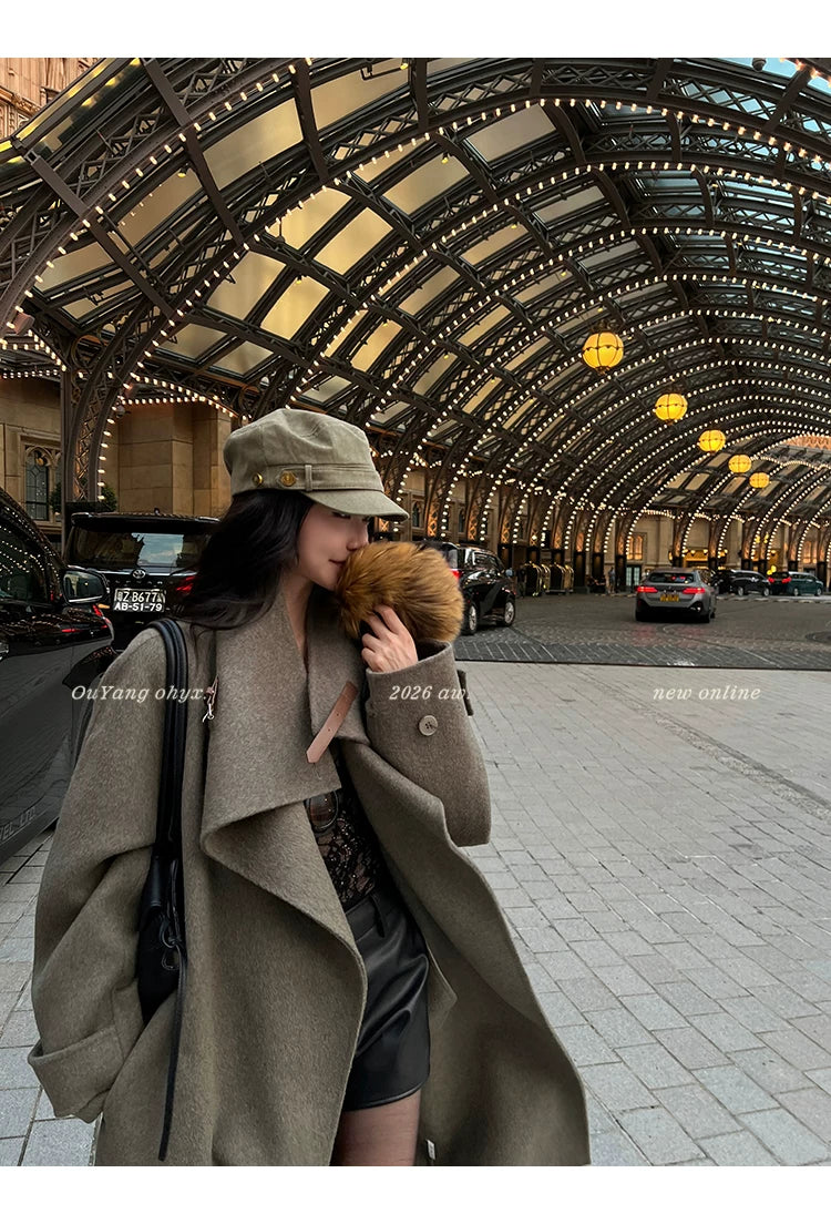 QuQuOuYang - 100% Wool Double-Face Belted Coat with Convertible Collar