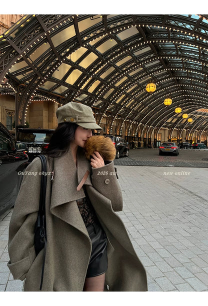 QuQuOuYang - 100% Wool Double-Face Belted Coat with Convertible Collar