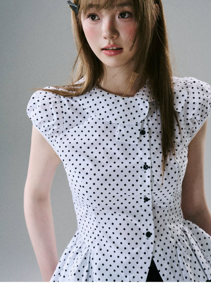 LOST FOREST - White & Black Polka Dot Asymmetrical Cotton Blouse
