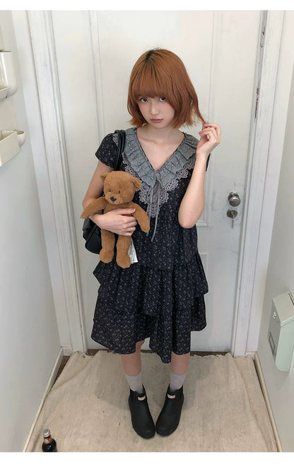 “Midnight Petal” Gray-Black Floral Top & Tiered Dress