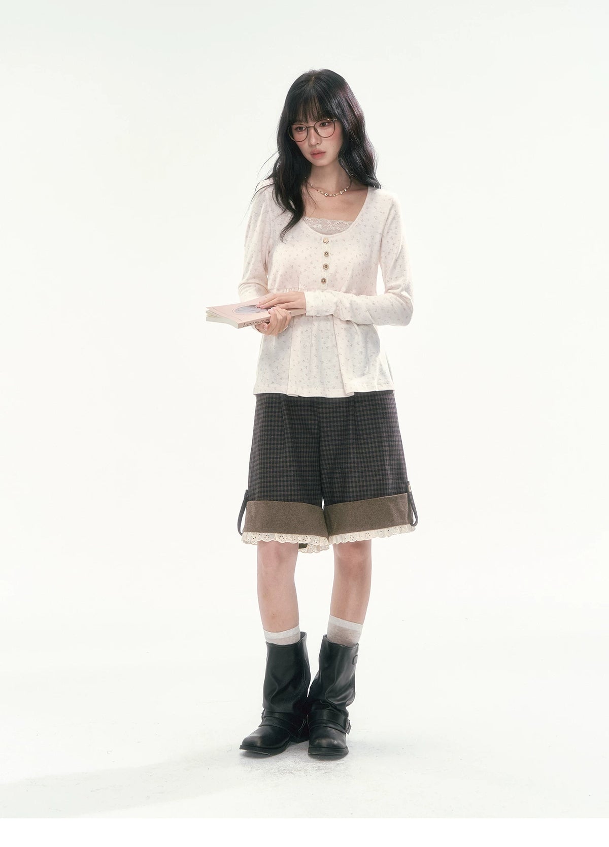 CAN - "A Meadow of Dreams" Apricot Beige Floral Lace-Trim Ruched Top