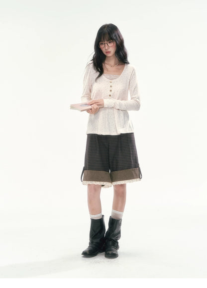 CAN - "A Meadow of Dreams" Apricot Beige Floral Lace-Trim Ruched Top