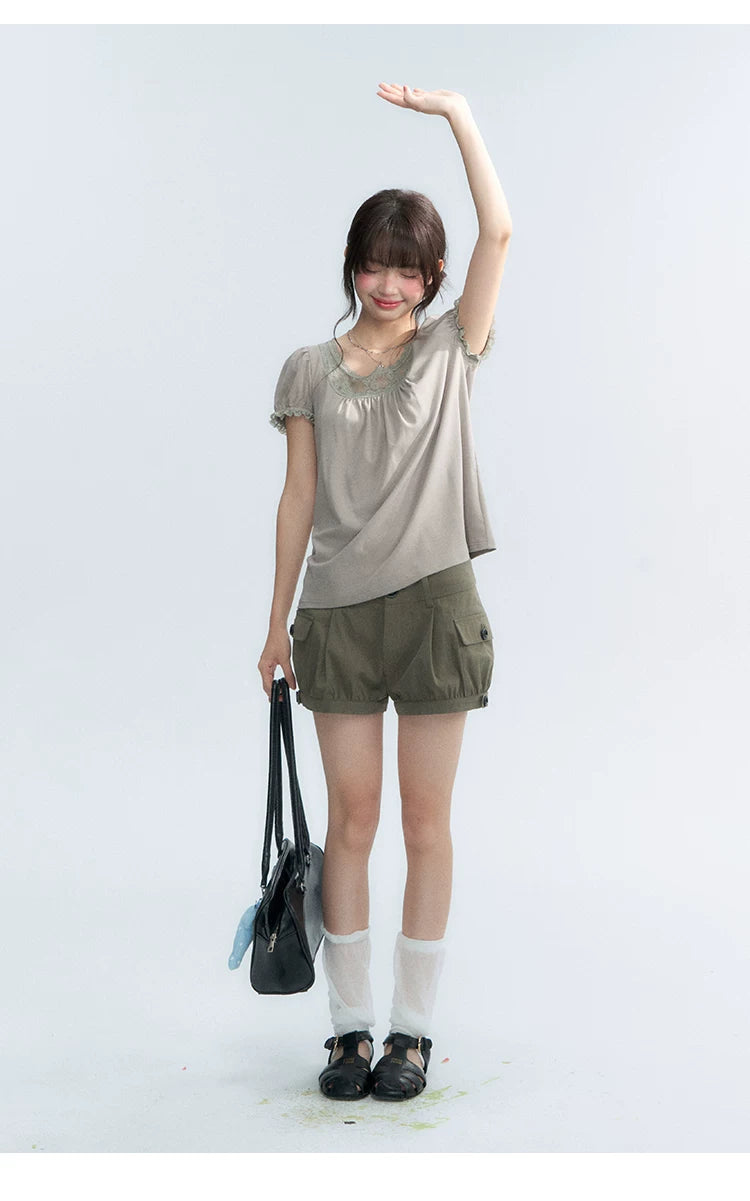 "Vintage Cream" Milk Gray Lace Trim Puff Sleeve T-Shirt
