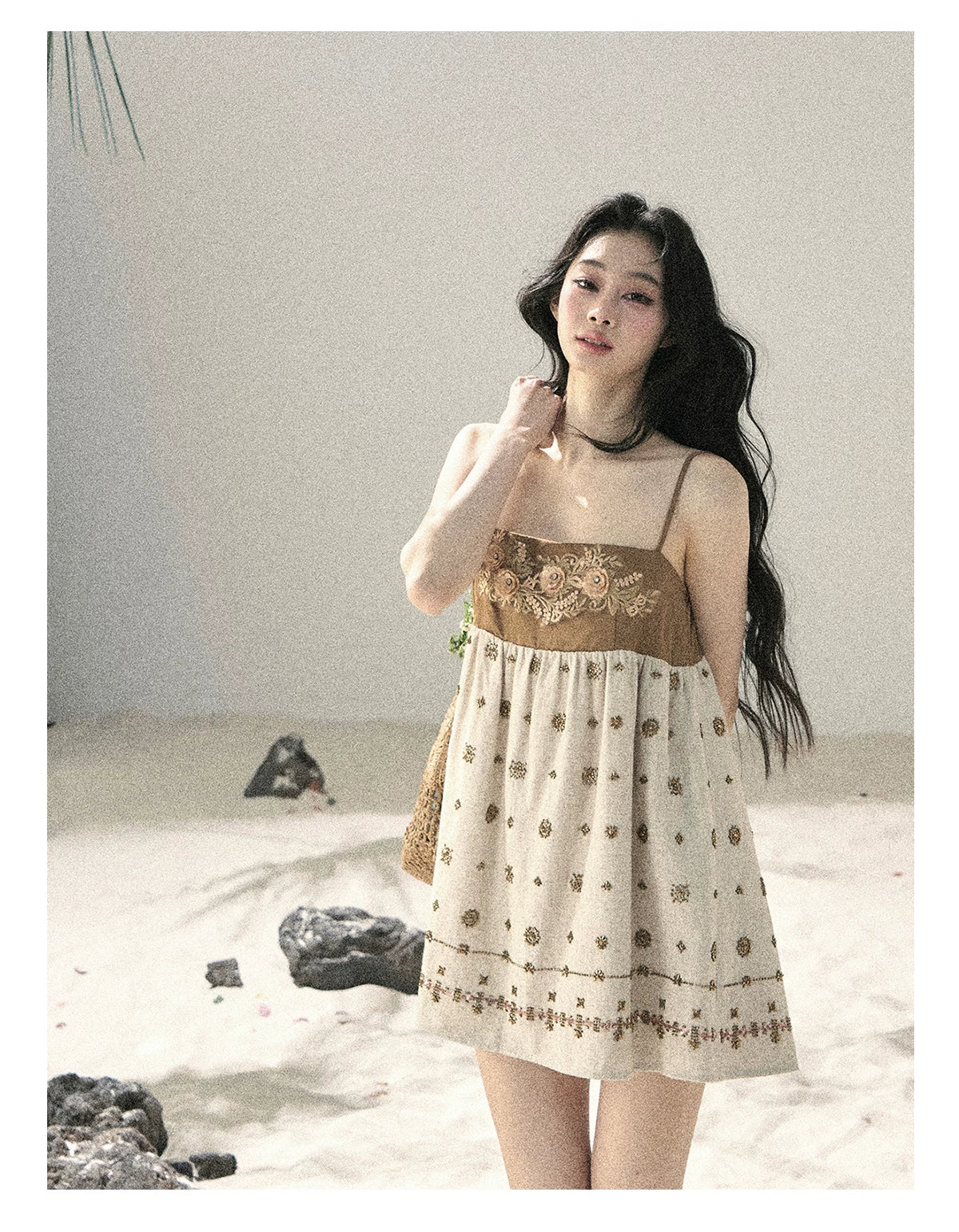 "Whispers Through the Wheat Fields" Oat Beige Floral Cami Babydoll Mini Dress