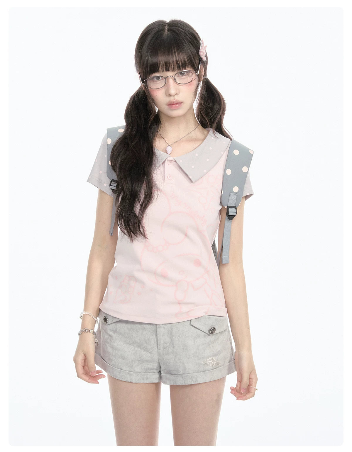 "Sweet Polka Day" Blush Pink Tee & Glacier Gray Shorts Set