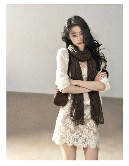 AOMALM - 100% Silk Sheer Fringe Scarf