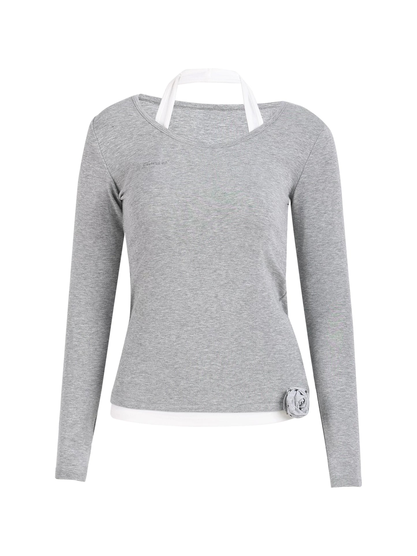 "Layered Grace" Gray Halter Two-Piece Long Sleeve Top