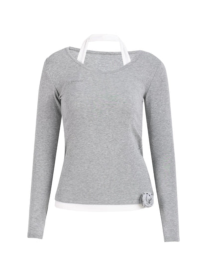 "Layered Grace" Gray Halter Two-Piece Long Sleeve Top