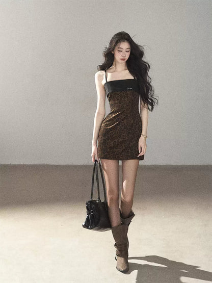 AOMALM - "Wildland Reverie" Slate Brown Leopard Print Fitted Cami Dress & Obsidian Black Shawl