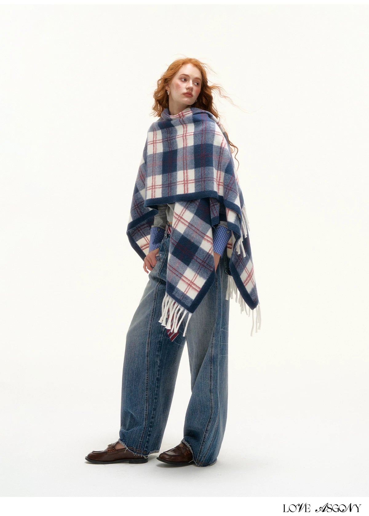 ASGONY - Navy Plaid Fringe Wrap Scarf