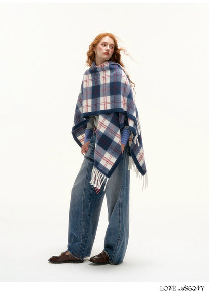 ASGONY - Navy Plaid Fringe Wrap Scarf