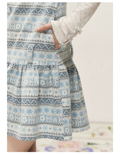 [RF] Vintage Geometric Jacquard Peter Pan Collar Knit Dress with Ruffle Hem