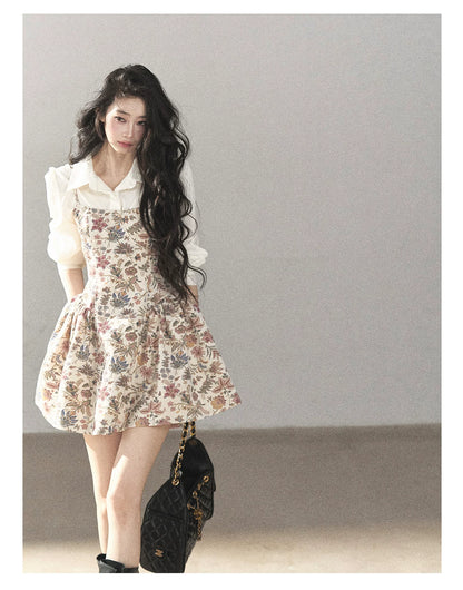AOMALM - Dutch Cheese Floral Mini Dress & Creamy White Blouse Set
