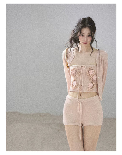 "Forest After Rain" Dusty Rose 3-Piece Cardigan & Shorts Set 45236485
