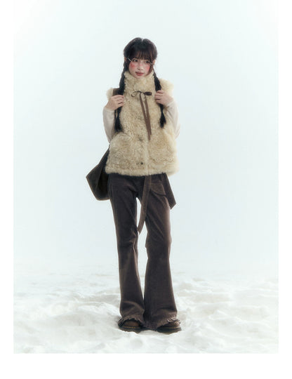 Horridale - Milk Tea Brown Floral Belt Corduroy Flare Pants