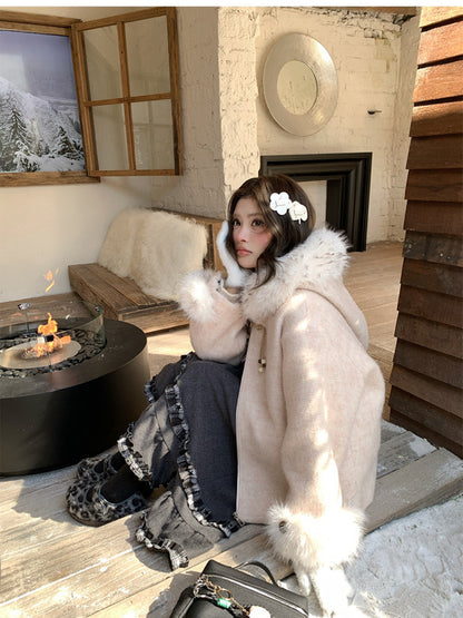 阮阮自制 - Soft Fog Apricot Pink Witch Hooded Wool Coat
