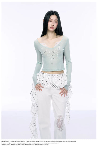 JN's DESIGN - Fitted Lace Long-Sleeve Top with Pearl Rhinestones
