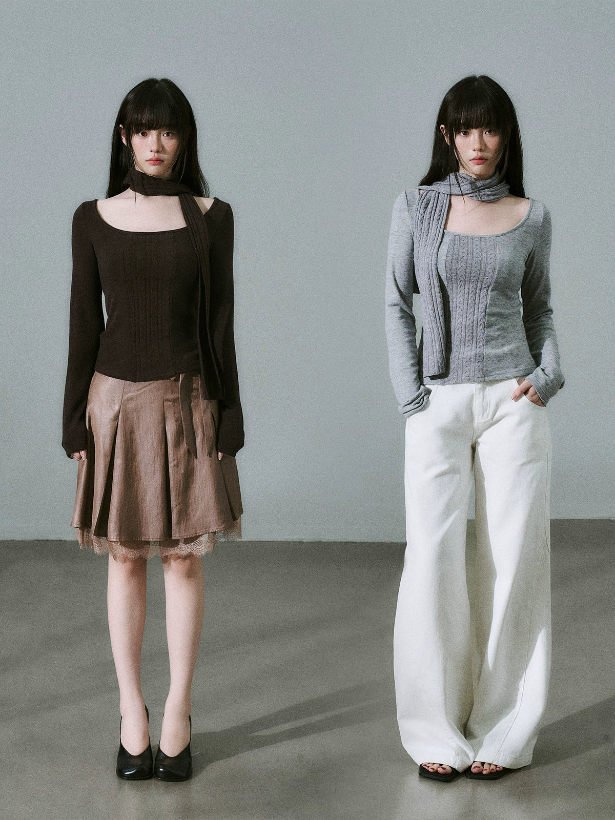LOST FOREST - Cool Heather Gray Wide-Neck Long Sleeve Top with Cable-Knit Scarf