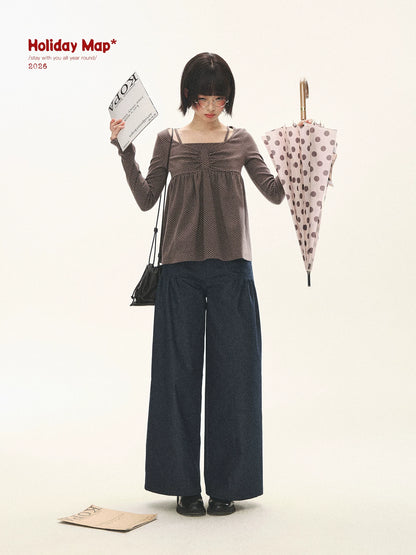 "Lazy Weekend" Deep Blue Ruched Wide Leg Jeans