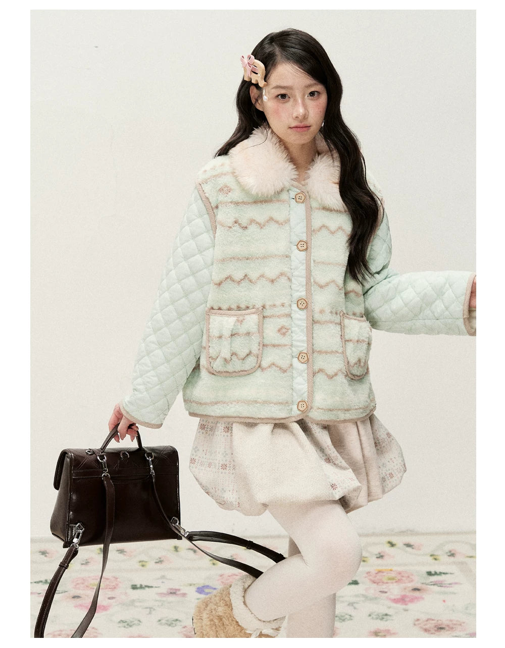 RF - Mint Green and Light Brown Fair Isle Quilted Faux Fur Vest Jacket