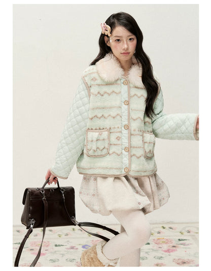 RF - Mint Green and Light Brown Fair Isle Quilted Faux Fur Vest Jacket