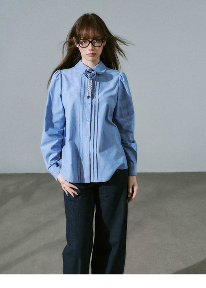 LOST FOREST - Flower Brooch Linen-Blend Shirt (Blue Stripe / Pink Stripe / Polka Dot)