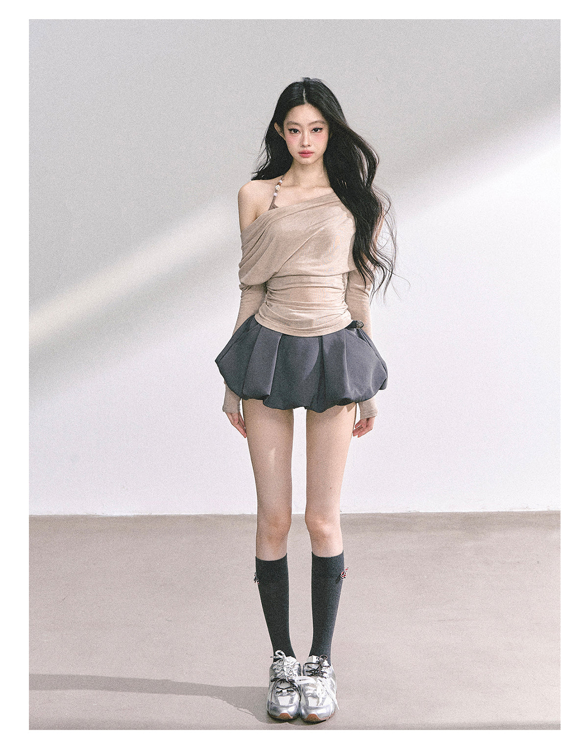 少也眼 "Soft Whisper" Korean Asymmetric Dual-Layer Off-Shoulder Top - Khaki