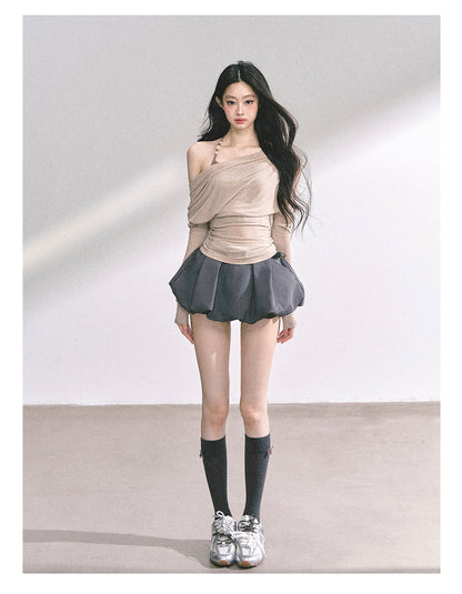 少也眼 "Soft Whisper" Korean Asymmetric Dual-Layer Off-Shoulder Top - Khaki