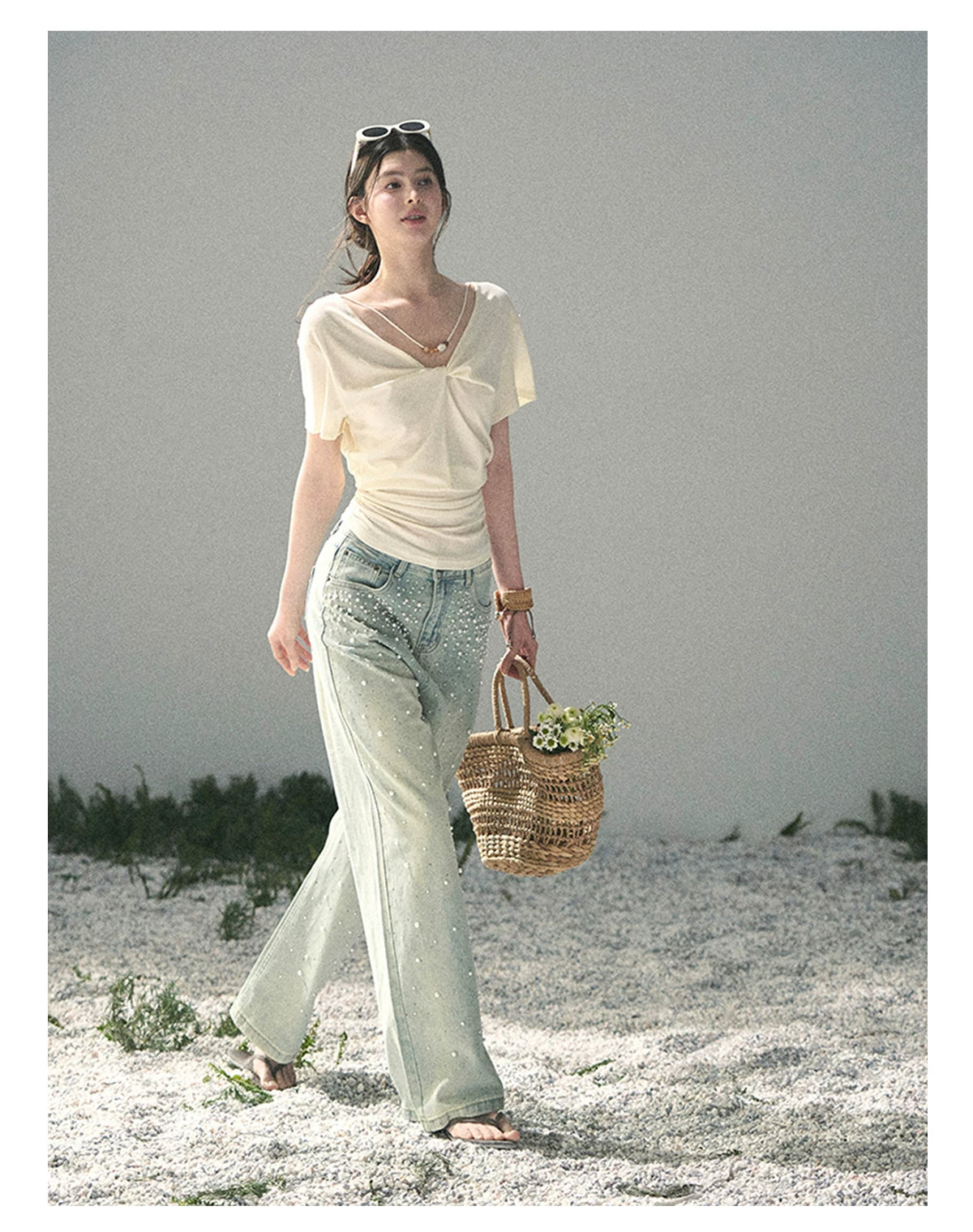 “White Between Breaths” Ivory Twist V-Neck Top