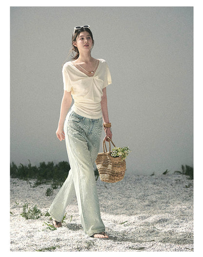 “White Between Breaths” Ivory Twist V-Neck Top