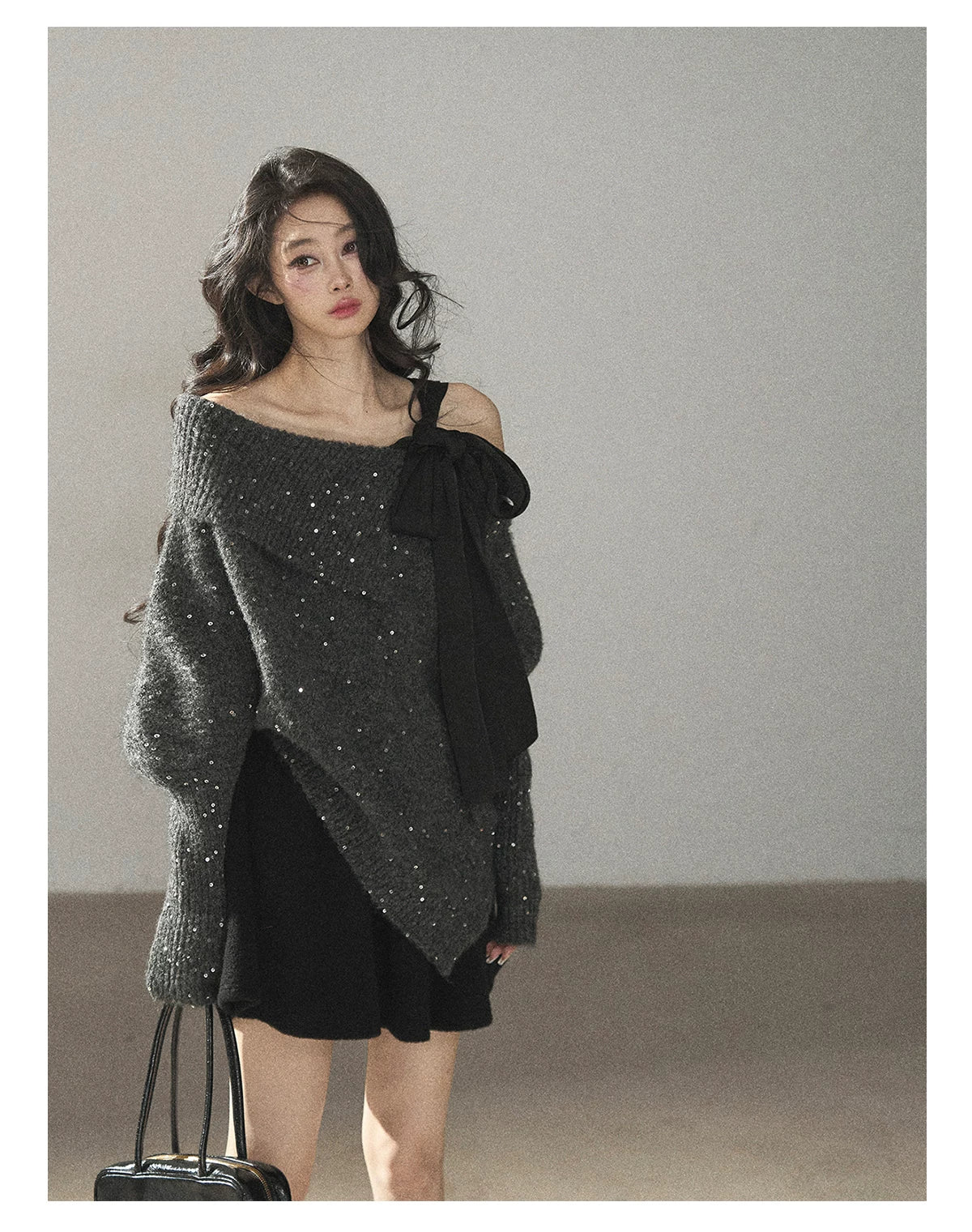 AOMALM - "Starlit Reverie" Sequin Off-Shoulder Sweater with Satin Bow - Paris Gray